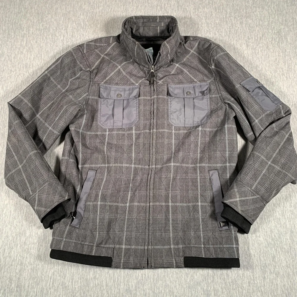 prAna Jacket Mens Large Gray Plaid‎ Full Zip Stand Collar Chest Pockets Utility